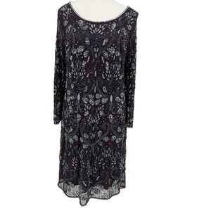 Vintage Pisarro Nights‎ Mini Dress Beaded Sequins Long Sleeve Deep Purple 14